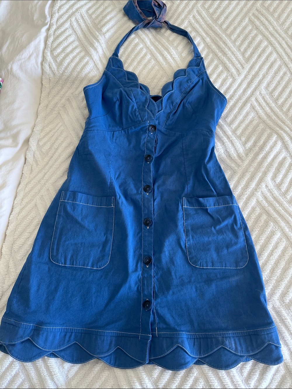 Anthropologie Cobalt Blue Halter Scalloped-Edge Mini Dress